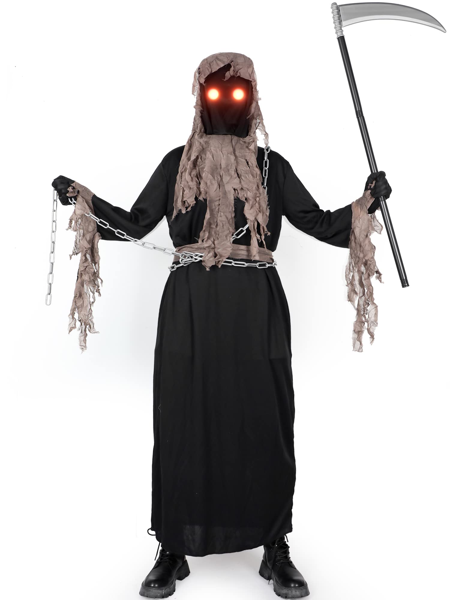 Kids Grim Reaper Costume with Glowing Red Eyes Halloween Cosplay Death