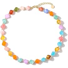 Boho Multicolor Beaded Choker Necklace for Women, 17"+3" Adjustable Handmade Candy Color Acrylic Bead Strand Necklace, Lightweight Vibrant Summer Beach Statement Jewelry for Daily Casual
