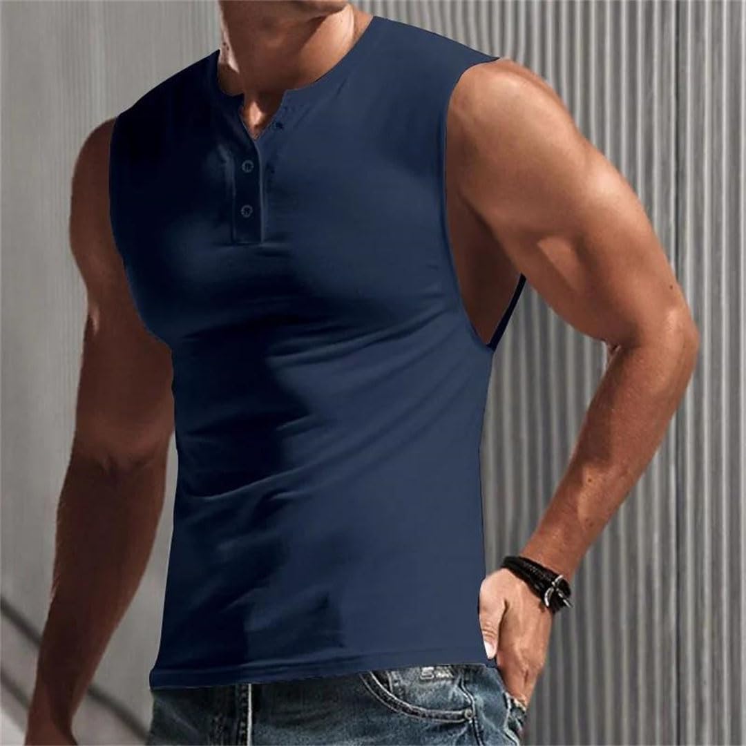 Men Tank Tops V Neck Button Sleeveless Loose Fit Gym Running Fitness Vest