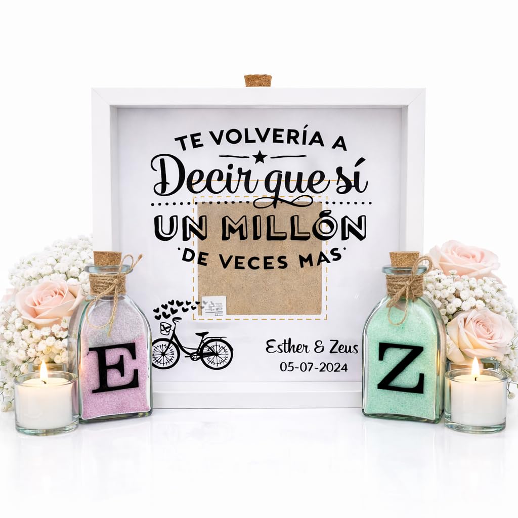 Genérico Ritual de Arena Boda Personalizado con Marco – Ceremonia de Arena para Bodas Civiles – Incluye 2 Frascos con Arenas de Colores a Elegir – Decoración y Recuerdo de Boda Personalizado