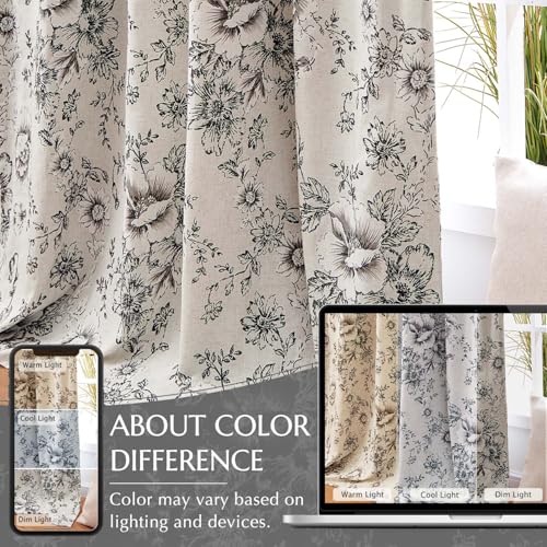 jinchan Blackout Floral Curtains for Living Room Bedroom Linen Blend Curtain Farmhouse Black Printed with Lined Back Tab Rod Pocket Drapes Window Treatments 2 Panels 84 Inch