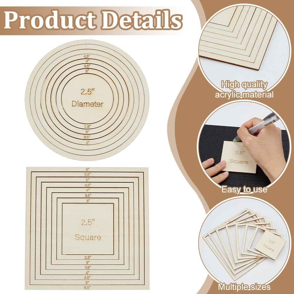 ORIGACH 2 Set 16 Pcs Squares & Circles Cross Stitch Finishing Template 2.5/3/3.5/4/4.5/5/5.5 inch Diameter Embroidery Sewing Quilting Stencils for Patchwork DIY Crafts Decoration