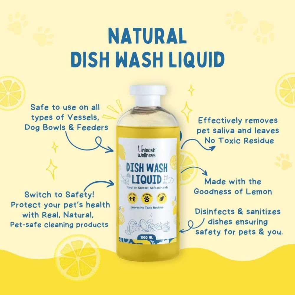 Unleash Wellness® Dish Wash Liquid 1000ML with Lemon and Lemongrass Fragrance, Safe for Babies & Pets, Removes Tough Grease, Gentle on Hands, Biodegradable Cleaner for Bottles, Dishes & Feeding Items 1