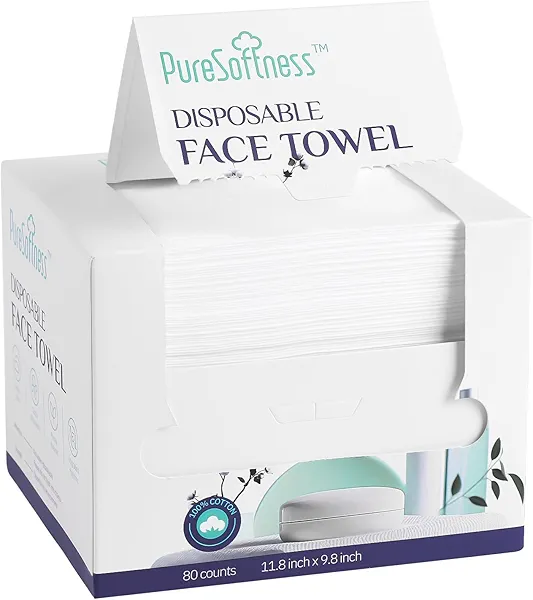 PureSoftness Disposable Face Towel, 100% Cotton, Extra Large 12" x 10", Soft Dry Wipe Face Wash, Makeup Remover, Biodegradable Towelette for Sensitive Skin 80 Count (1 Pack)