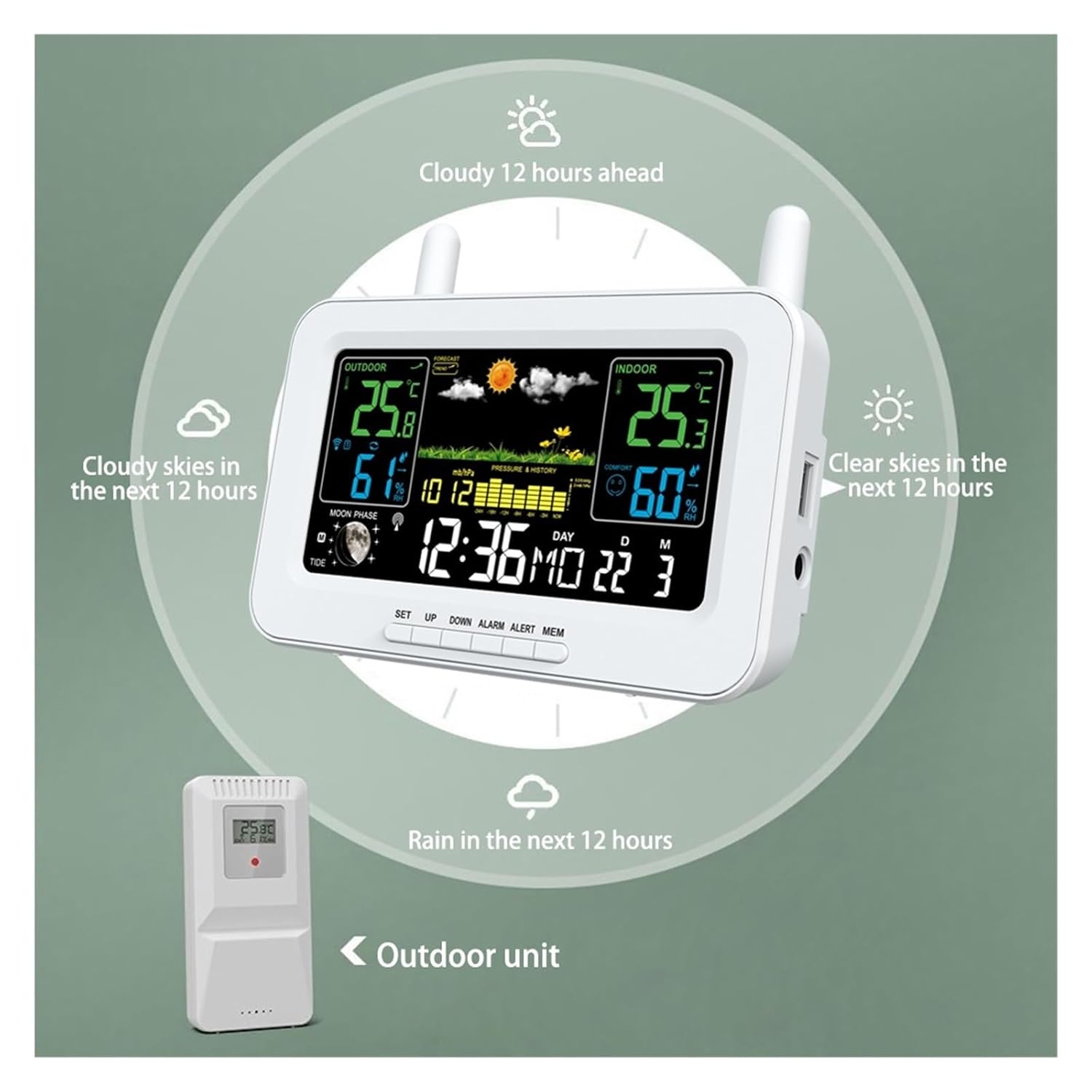 WiFi Digital Weather Station Clock Indoor Outdoor Weather Forecast Thermometer Hygrometer with Wireless Outdoor Sensor,White