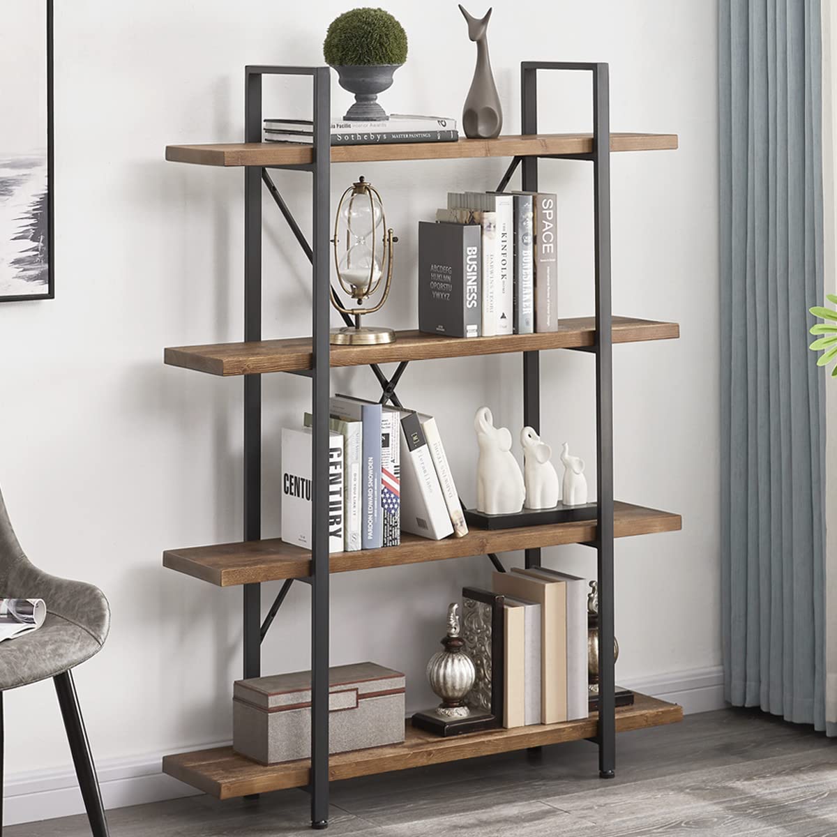 Buy IBF Solid Wood Bookshelf, 4 Tier Natural Real Wood Bookcase, Modern