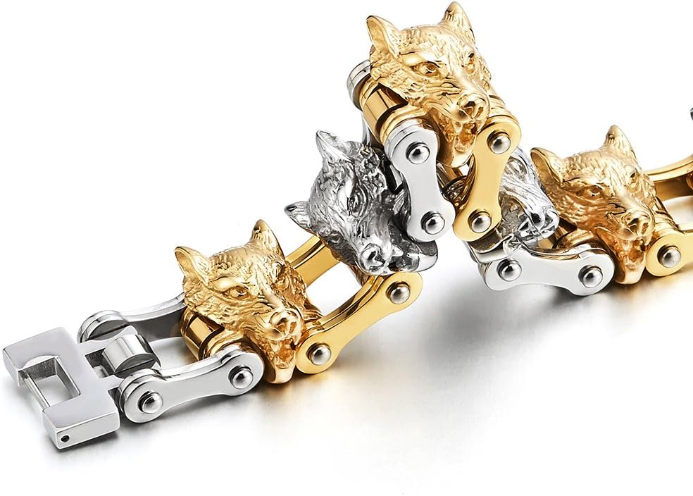 COOLSTEELANDBEYOND Heavy and Study Mens Wolf Heads Link Bike Motorcycle Chain Bracelet Stainless Steel Silver Gold