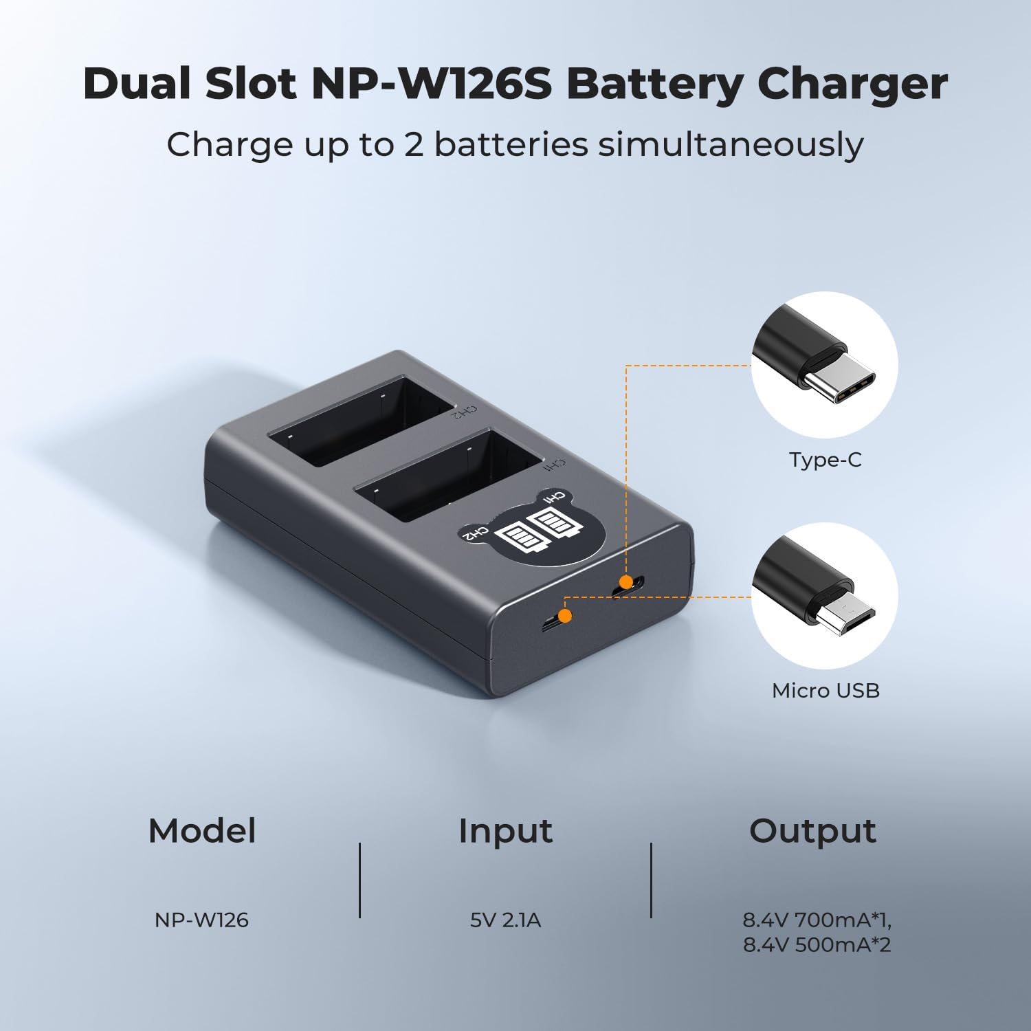 NP-W126S Battery Charger USB Dual Slot for Fuji Fujifilm X-E5 X-M5 X-T50 XT50 X-T30 III II XT30 X-T20 X100VI X100V X100F X Half X-T3 X-T2 X-S10 X-E4 X-A7 X-T200 X-T100