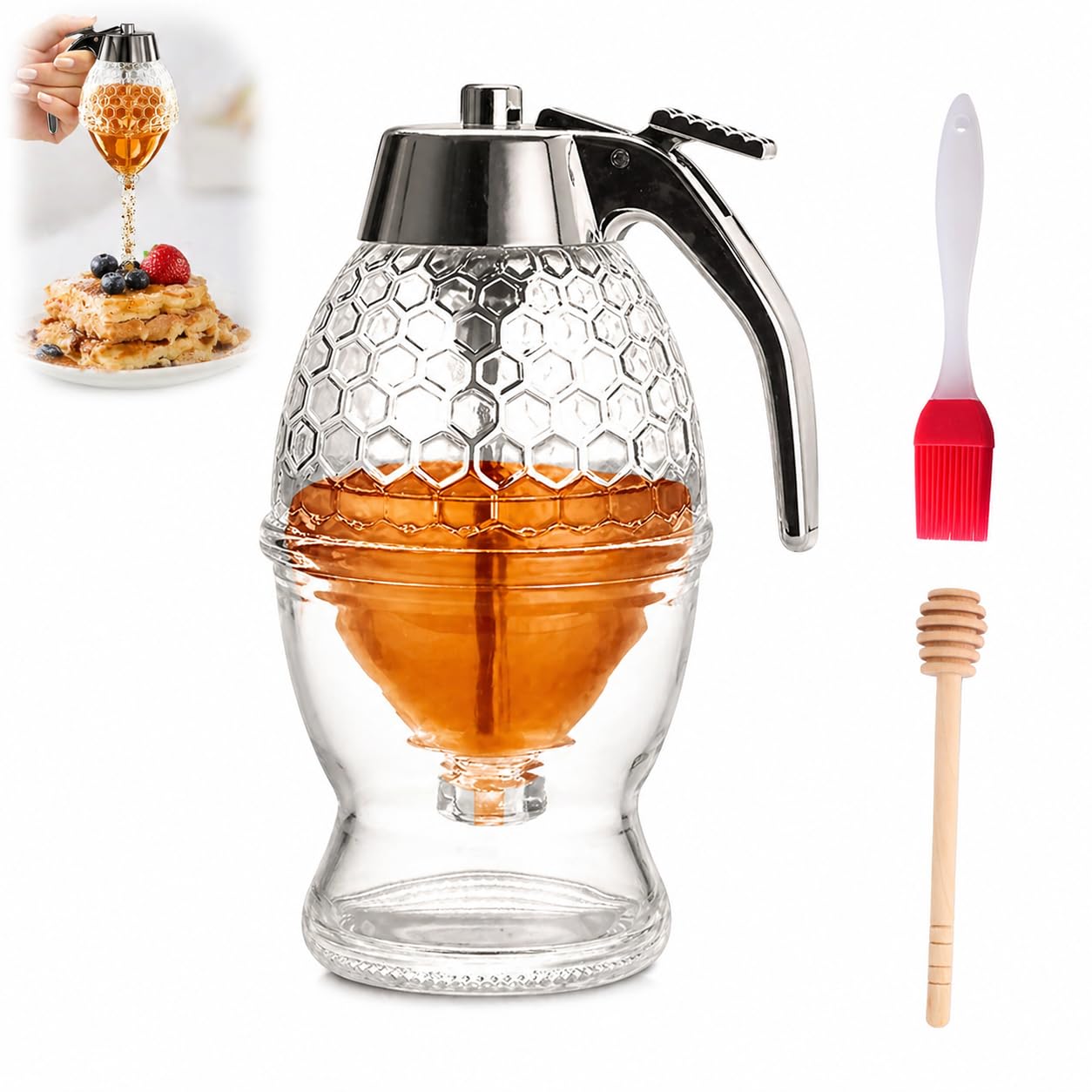 Wsndyjia Honey Dispenser 8oz Glass, Clear No Drip Syrup Dispenser Honey Jar Bottle with Dipper, Brush, Honey Container with Stand for Kitchen Cooking Picnic