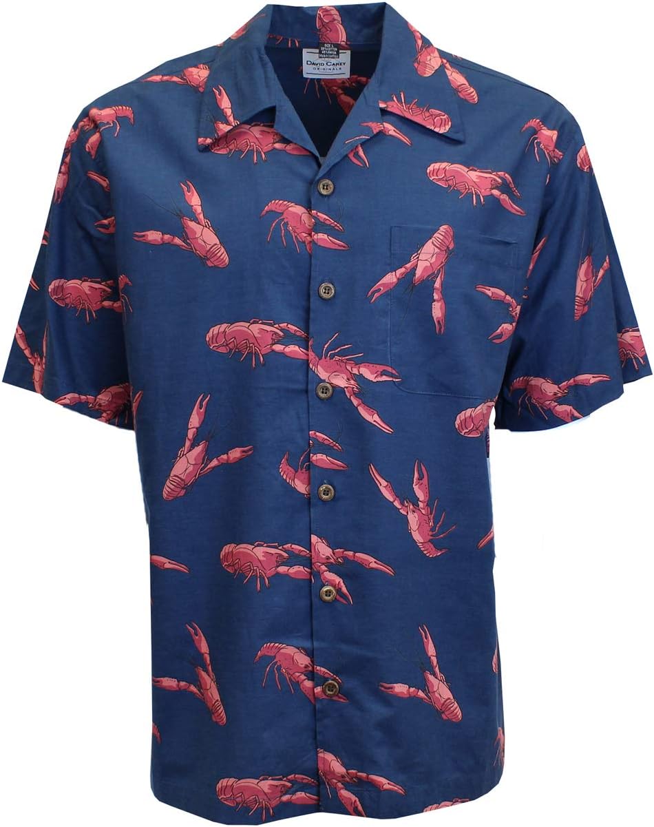 David Carey LA Crawfish Camp Shirt – Blue & Red – Button Up Collared Short Sleeve Mechanic Camp/Club Shirt, 2XL