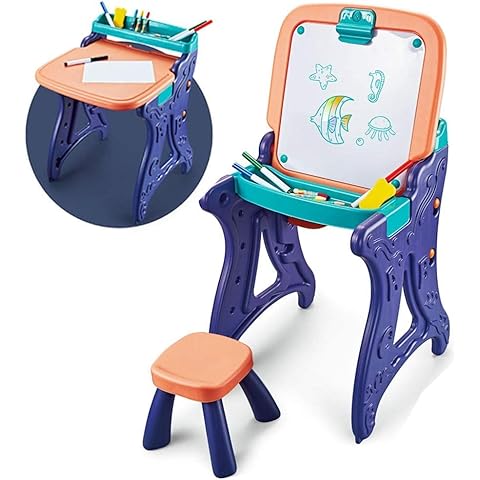 2 in 1 Kids Art Easel & Desk, Art Easels with Chair for Children, Height-Adjustable Easel, Magnetic, 360° Rotating Drawing Tray, Educational Toy with Drawing Accessories Cover