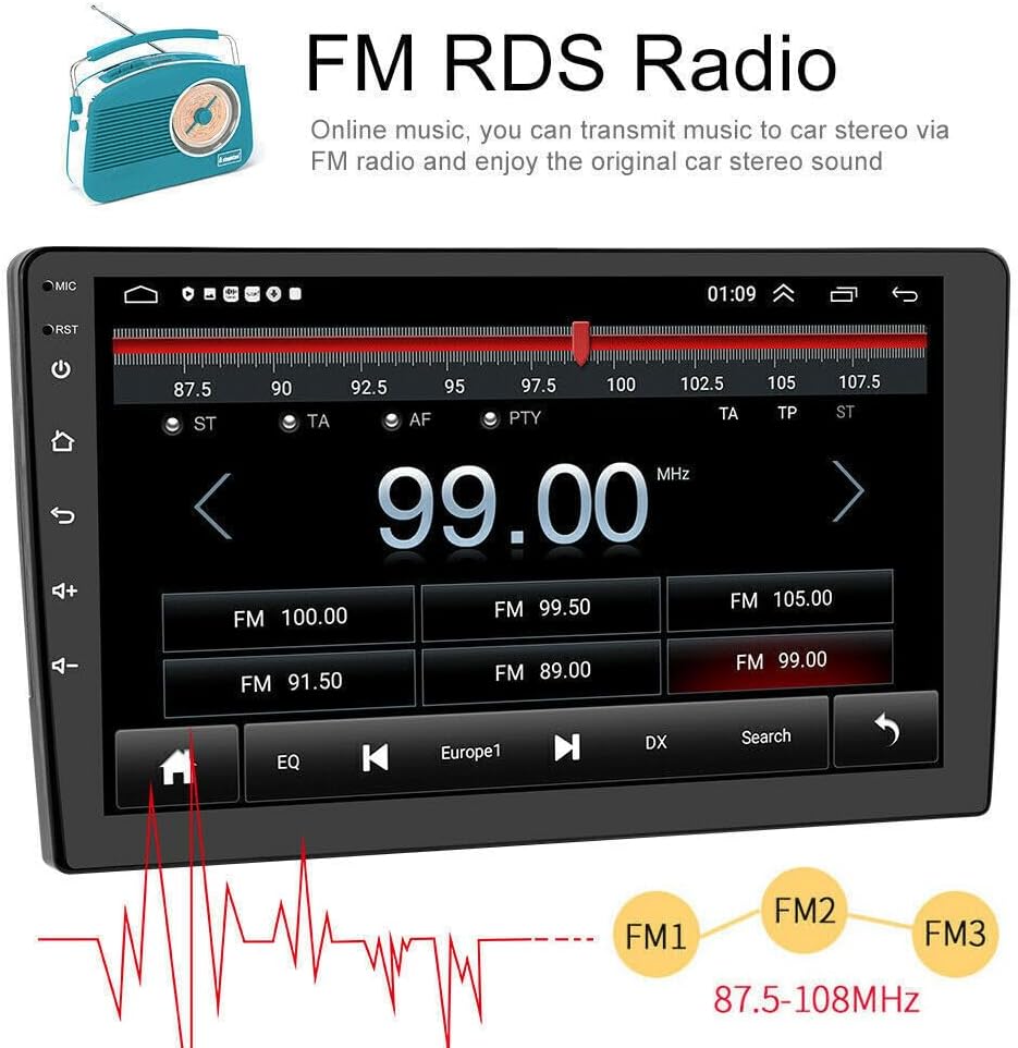 Image of the FM/RDS radio interface on the car stereo, displaying frequency tuning and preset buttons.