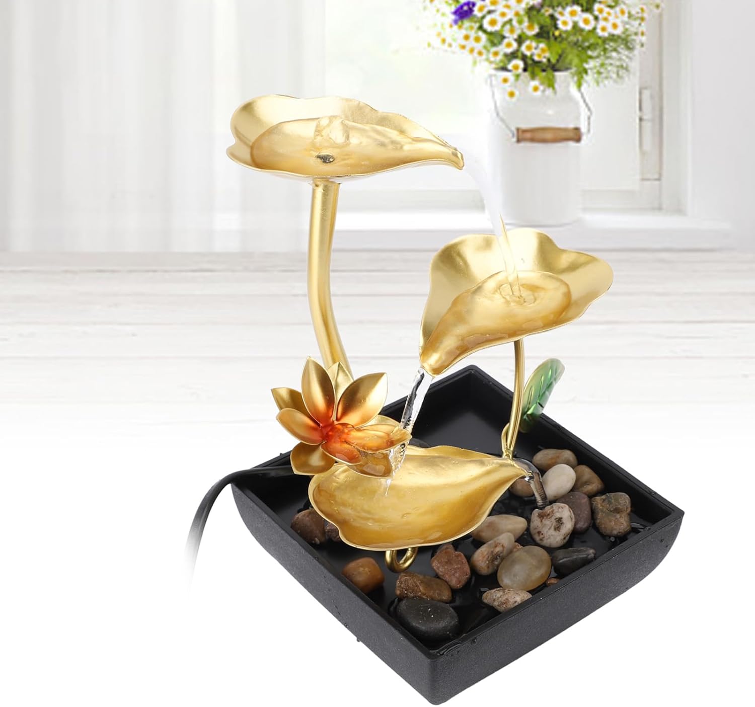 Pwshymi Leaf Tabletop Waterfall Fountain 3 Tier LED Light Adjustable Flowing Water for Home Office Desk, Iron Plastic Desk Relaxation Waterfall Fountain for Bedroom Study, USB 5V Warm Light