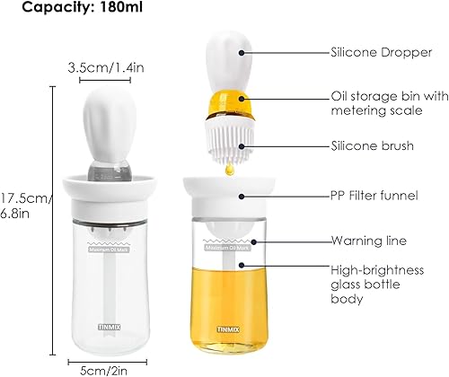 Miniatura 2 de TINMIX Dispensador de aceite con cepillo, paquete de 2 botellas dispensadoras de aceite de oliva de vidrio con cepillo de silicona para cocina,