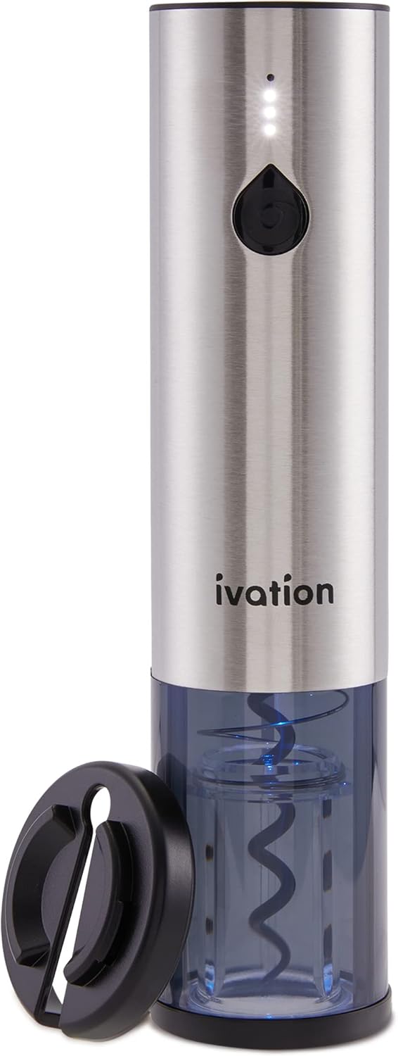 Ivation Rechargeable Automatic Wine Opener | Electric Cork Extractor Tool with Lithium Battery, LED Lights, USB Charging Cable, Bonus Foil Cutter & Elegant Gift Box | Uncorks 50 Bottles Per Charge