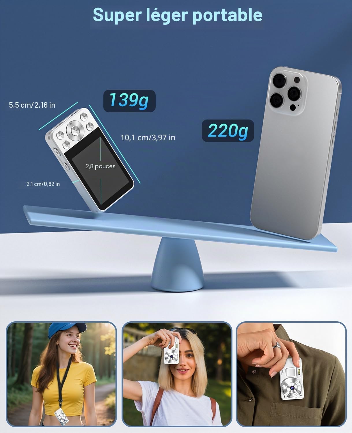 Appareil Photo Numérique 4K 64MP, Wevoor 64 GB Appareil Photo Numérique Compact avec Écran 2,8", 2000mAh Batterie, Appareil Photo Portable pour Débutants Enfants Adolescents - Blanc