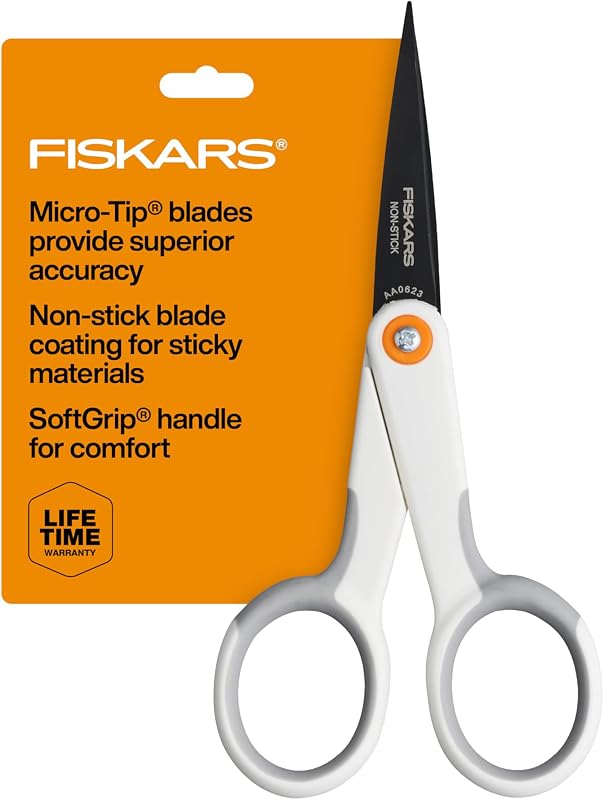 Fiskars 5" Non-Stick Micro-Tip Scissors for Sticky Materials, No. 5, White | Non-Stick Coated Stainless Steel Blades to Cut Tape, Glue, Vinyl & Stickers, SoftGrip Handle, Ambidextrous Double-Loop Handle