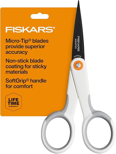 Fiskars 5" Non-Stick Micro-Tip Scissors for Sticky Materials, No. 5, White | Non-Stick Coated Stainless Steel Blades to Cut Tape, Glue, Vinyl & Stickers, SoftGrip Handle, Ambidextrous Double-Loop Handle
