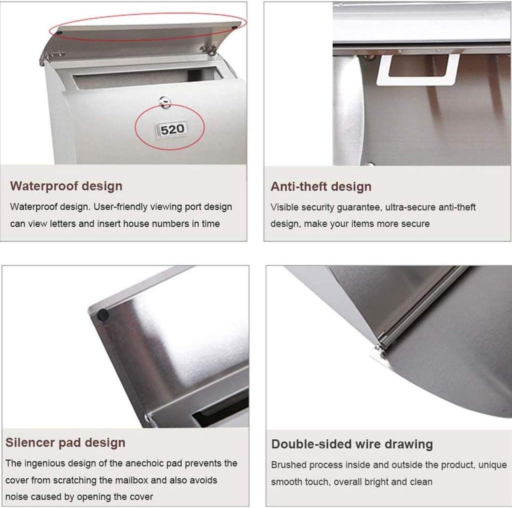 HBJWOV Stainless Steel Mailbox， Wall Mountable Lockable Mailbox Outdoor
