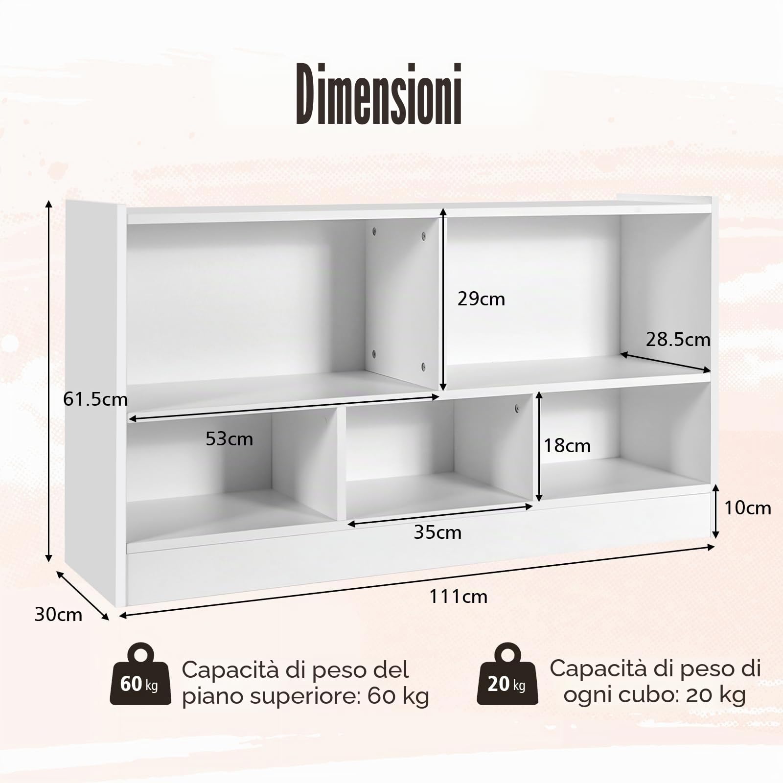 KOMFOTTEU Libreria Aperta, 5 Armadietti di 2 diverse dimensioni, mobile portaoggetti in legno con gambe antiscivolo, per libri e giocattoli, 111 x 30 x 61,5 cm (Bianco)