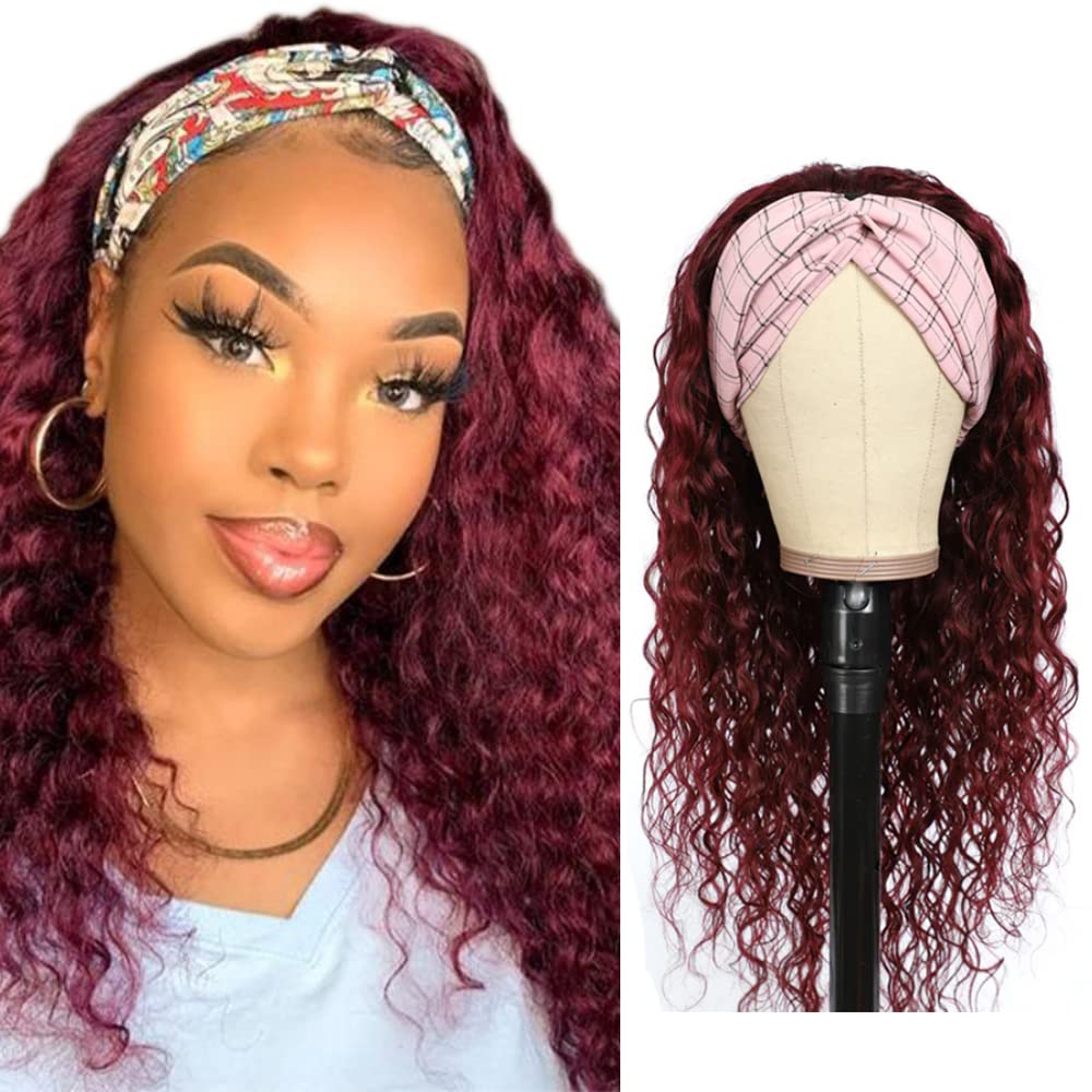 Ombre 1B99J Curly Wave Headband Wig Burgundy Human Hair Headband Wig Kinky Curly 130% Density Brazilian Remy Hair Machine Made Wigs 22 Inch Wine Red Color