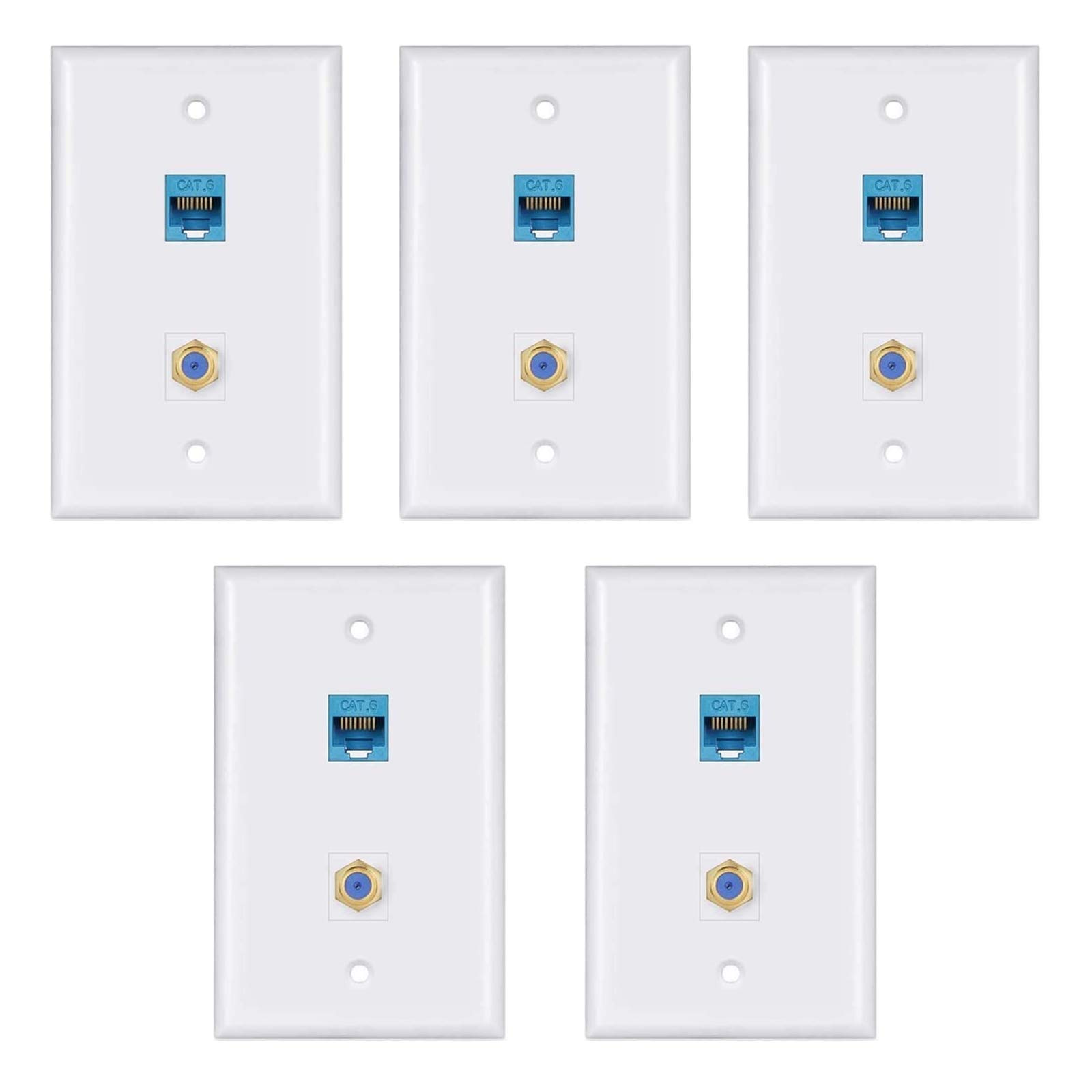 Ethernet Wall Plate,Cat6 Gold-Plated Cable TV Coax F Type Port Wallplate White (5Pack)