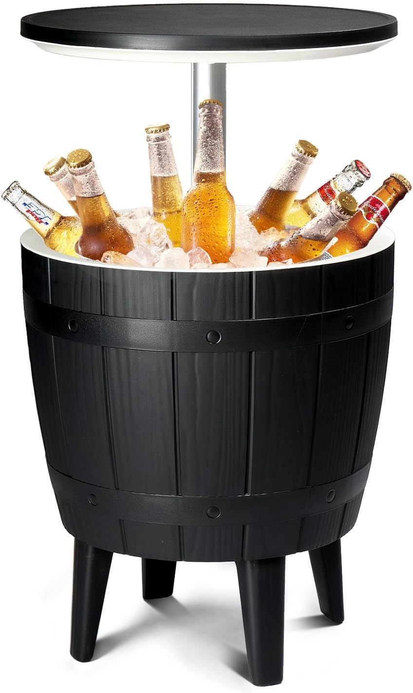 Outdoor Cooler Side Table,Height-Adjustable Cool Bar w/ 10 Gallon Beer and Wine Cooler, All-Weather Resistant Patio Ice Cool Bar for Deck Pool Party(Black)