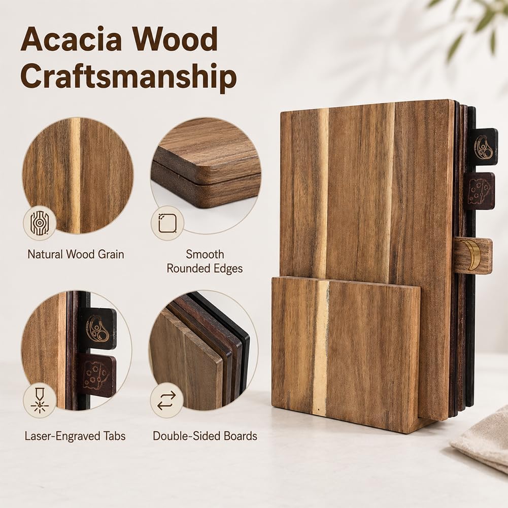 12.9"L x 9.8"W Acacia Book Cutting Board Set with Stand, Library Cutting Boards Food Icons, Thick Wooden Decorative Labeled Cutting Board Look Like Books Gift for Home kitchen Cooks (Acacia)