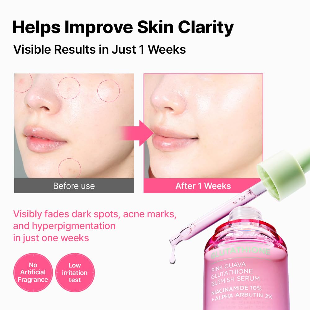 Pink Guava Glutathione Blemish Serum 1.01 Fl Oz, Uneven Skin Tone Care Serum with 99% Pure Glutathion, Niacinamide, Vitamin C, Fast-Absorbing Hydrating Texture, Korean Skincare