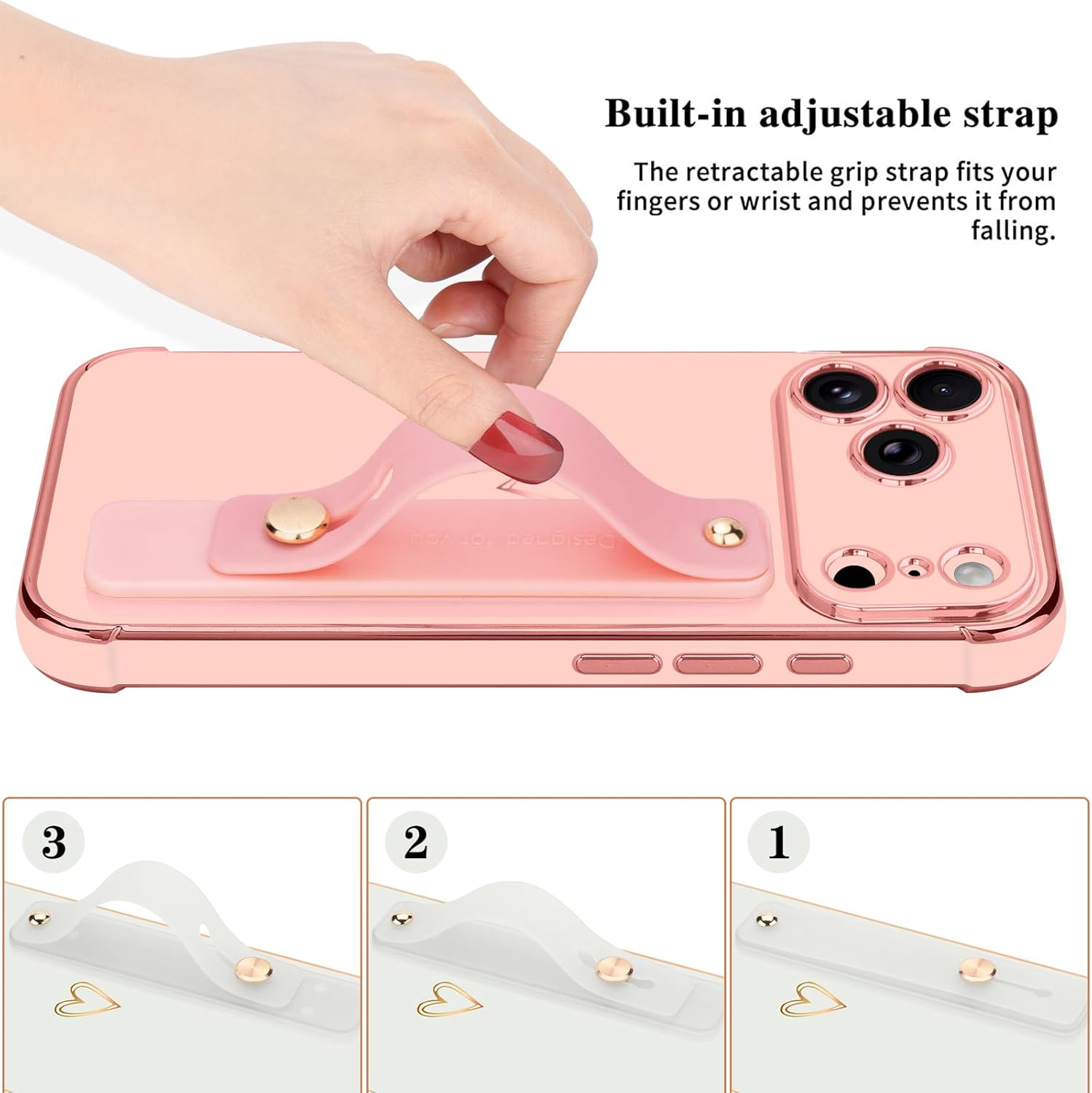 for iPhone 17 Pro Case for Women Girls, Bling Luxury Plated Bumper with Cute Love-Heart Design, Adjustable Hand Strap Stand, Raised Edges Shockproof Protection for iPhone 17 Pro - Pink - Image 3