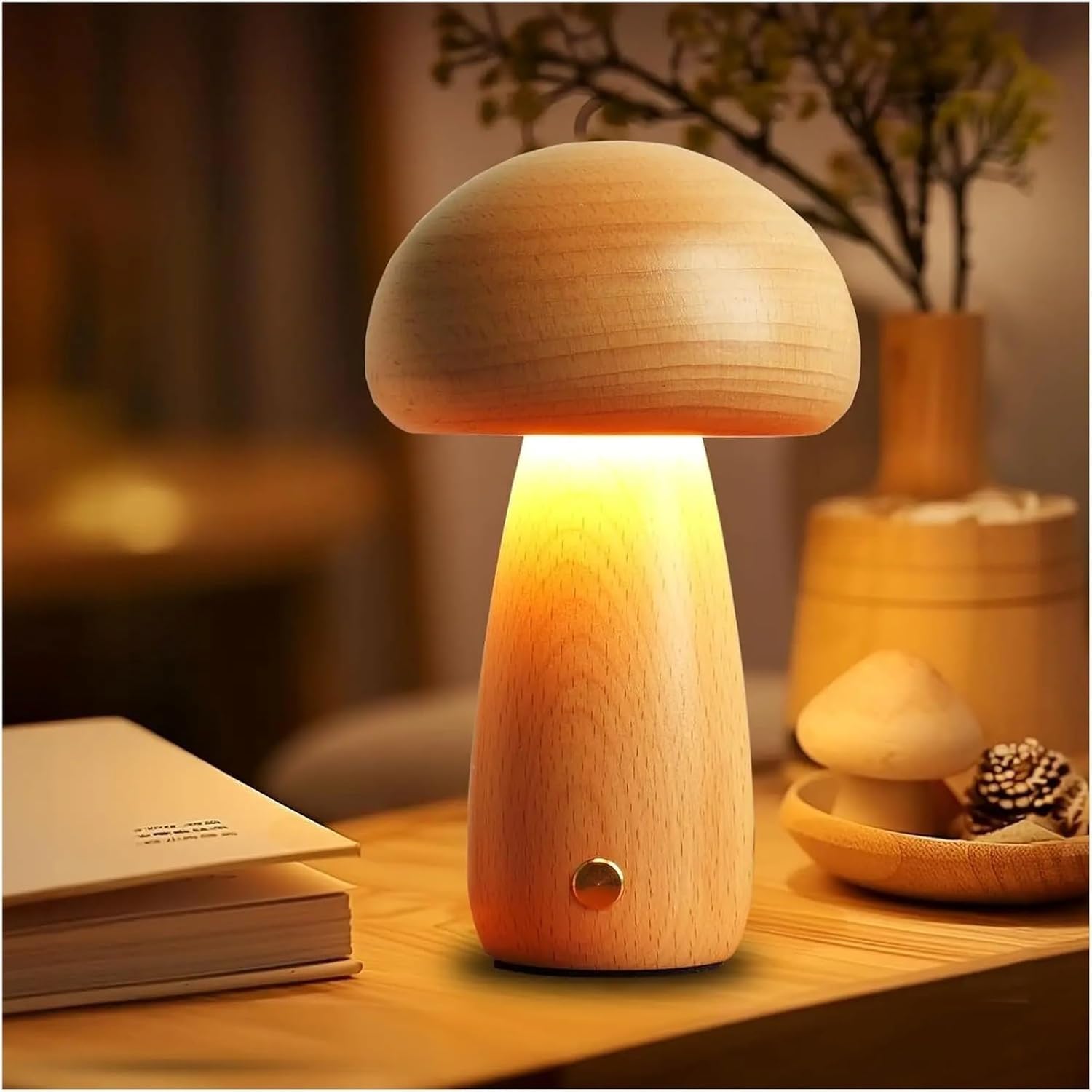 Wooden Creative Mushroom Night Light Stepless Dimming Bedside Table Lamp(2)