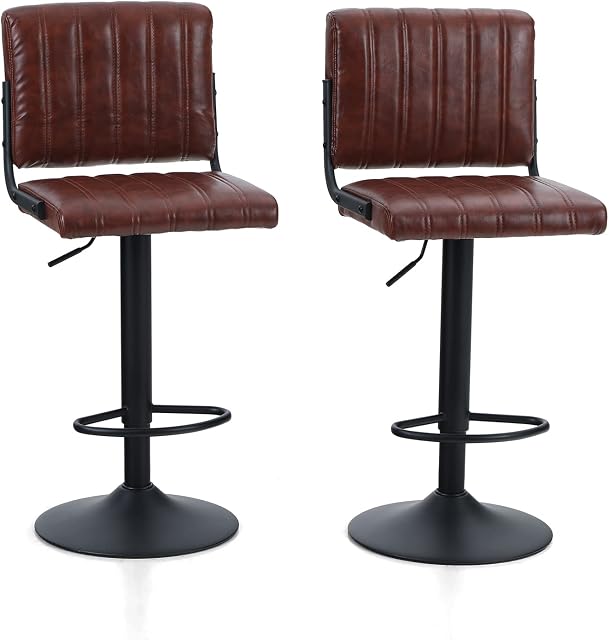 PHIVILLA Bar Stools Set of 2, Bar Chair with Backrest Footrest, Height Adjustable 360° Rotatable Breakfast Chair, Made of Waterproof Leatherrette, Dining Chair for Kitchen Island, Bar, Office