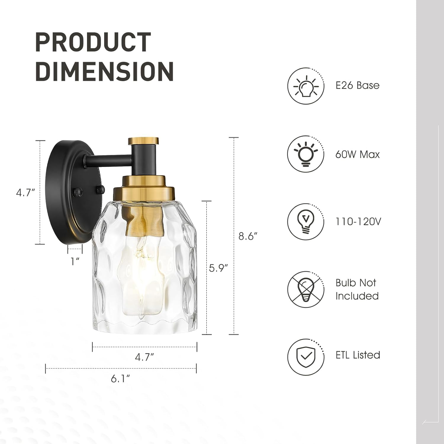 zeyu Modern Wall Sconces, 1-Light Sconces Wall Lighting, Industrial Bathroom Vanity Light Fixture with Water Ripple Glass Shade, Black and Gold Finish, ZG33B BK+BG-WG