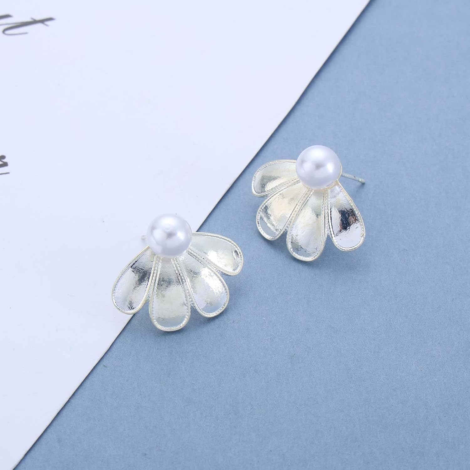 Vintage Lotus Ear Jacket Earrings Boho Pearl Earrings White Lotus Stud Earrings Lotus Ear Climber Earrings Pearl Ear Jacket Earrings for Women - Image 5
