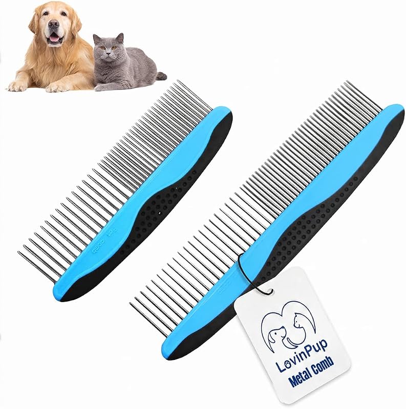 Pente metálico para remoção de nós em cães e gatos LOVINPUP, com dentes de aço inoxidável e cabo emborrachado, pacote com 2