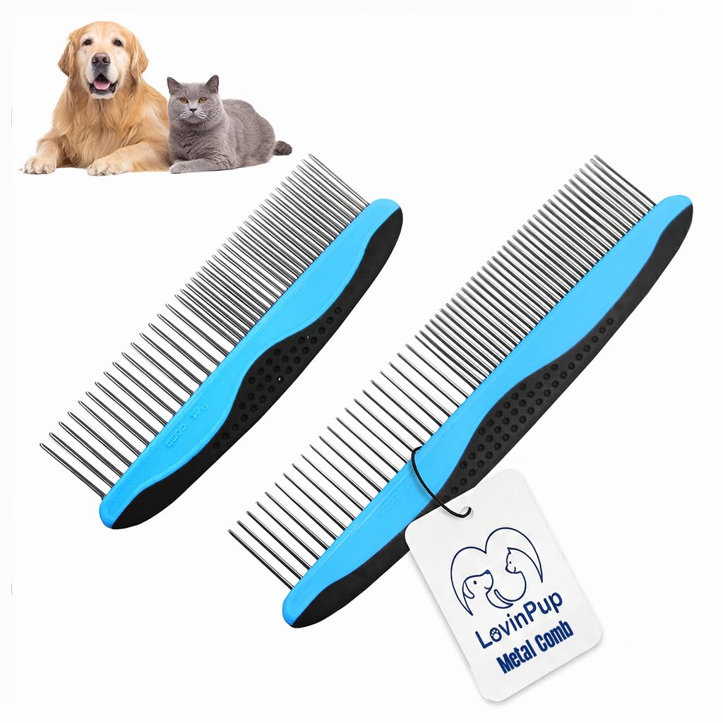 Pet Metal Comb for Dogs and Cats (2-Pack) – Detangling Comb | Stainless Steel Rounded Teeth for Painless Detangling – Dual-Spacing w/Comfort Grip Handle – Professional Grooming Tools