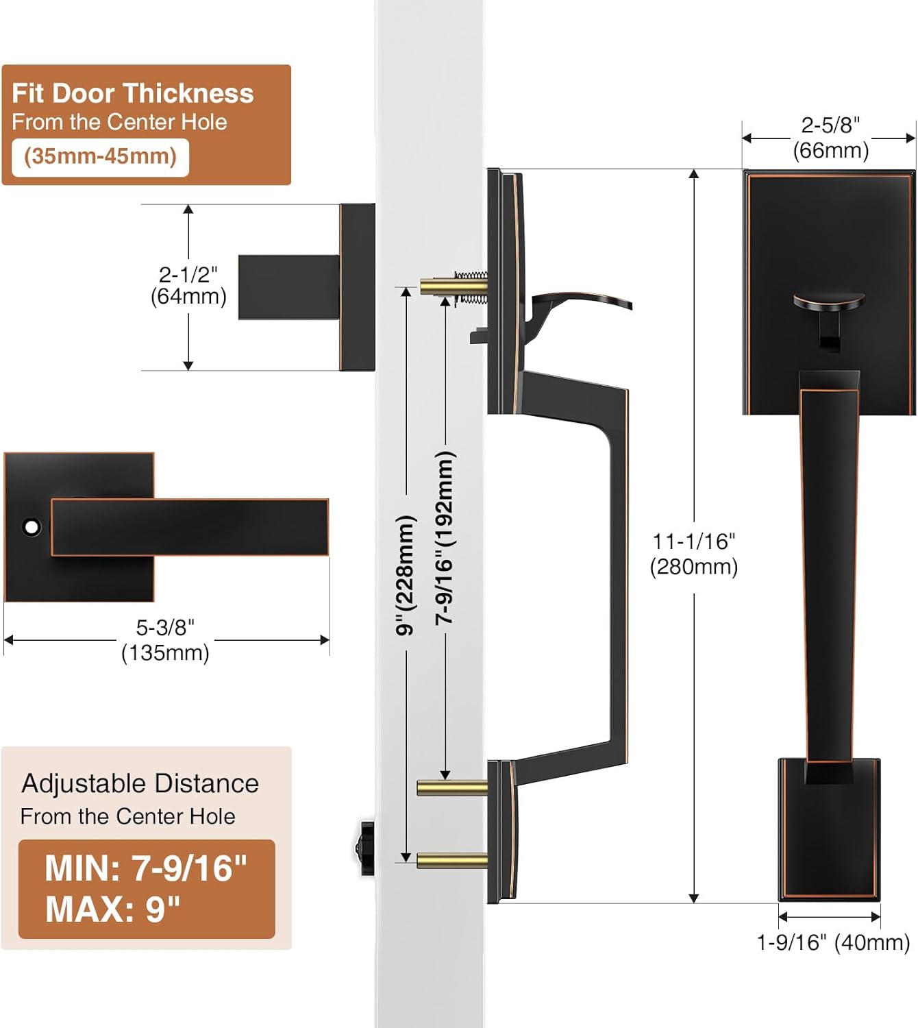 Brightify Front Door Handle with Modern Lever, Oil Rubbed Bronze Exterior Entry Door Handle No Lock, Reversible for Left & Right Handed Door, Lower Half Grip