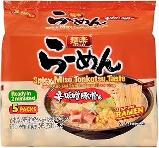 Hikari Menraku Ramen Spicy Miso Tonkotsu Japanese Instant Noodle Soup, 5 Pack, 18 Oz