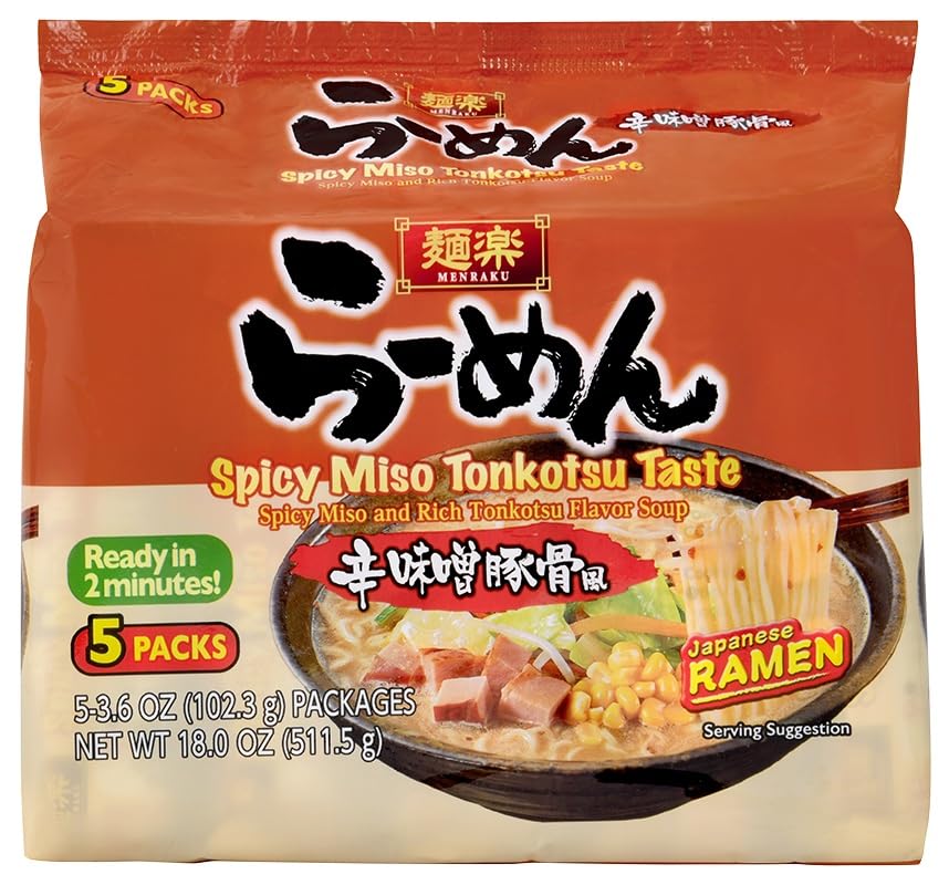 Hikari Menraku Ramen Spicy Miso Tonkotsu Japanese Instant Noodle Soup, 5 Pack, 18 Oz