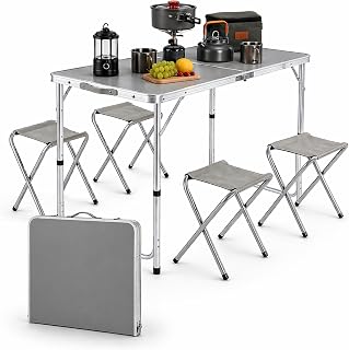 TIENDA EURASIA – Conjunto Mesa Plegable de Camping con 4 Sillas | 120x60x70 cm | Estructura de Aluminio | Altura Ajustable | Portátil y Ligero | Ideal para Jardín, Terraza y Exterior | Color Gris