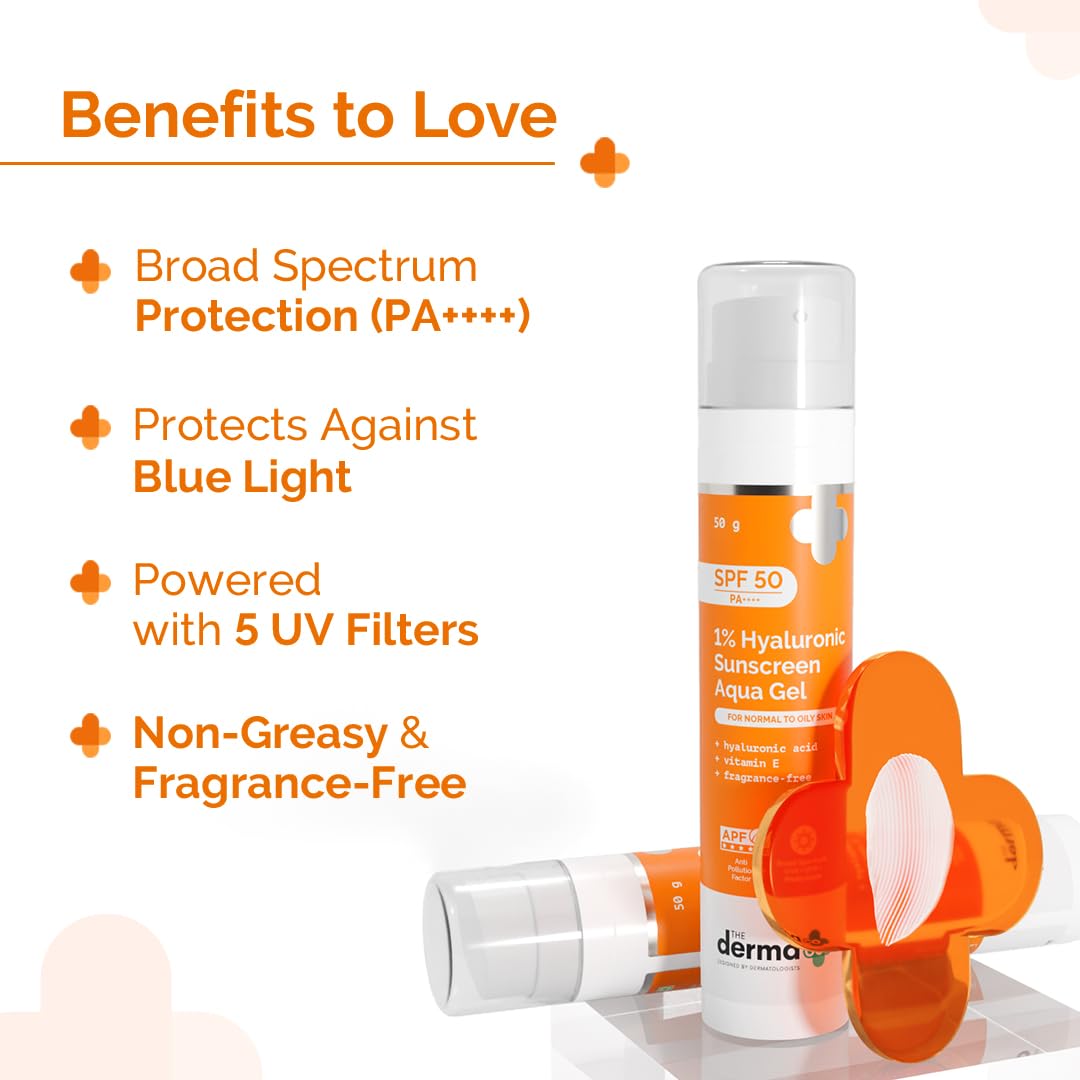 The Derma Co 1% Hyaluronic Sunscreen Aqua Gel with SPF 50 & PA++++ | Broad Spectrum UVA/B & Blue Light Protection | Lightweight & Quick Absorbing with Vitamin E | 1.76 Oz/50g