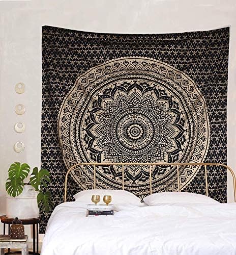 Bless International Indian Traditional Mandala Hippie Wall Hanging, Cotton Tapestry Ombre Bohemian Bedspread (Queen (84x90 Inches)(215x230 Cm), Classic Green)