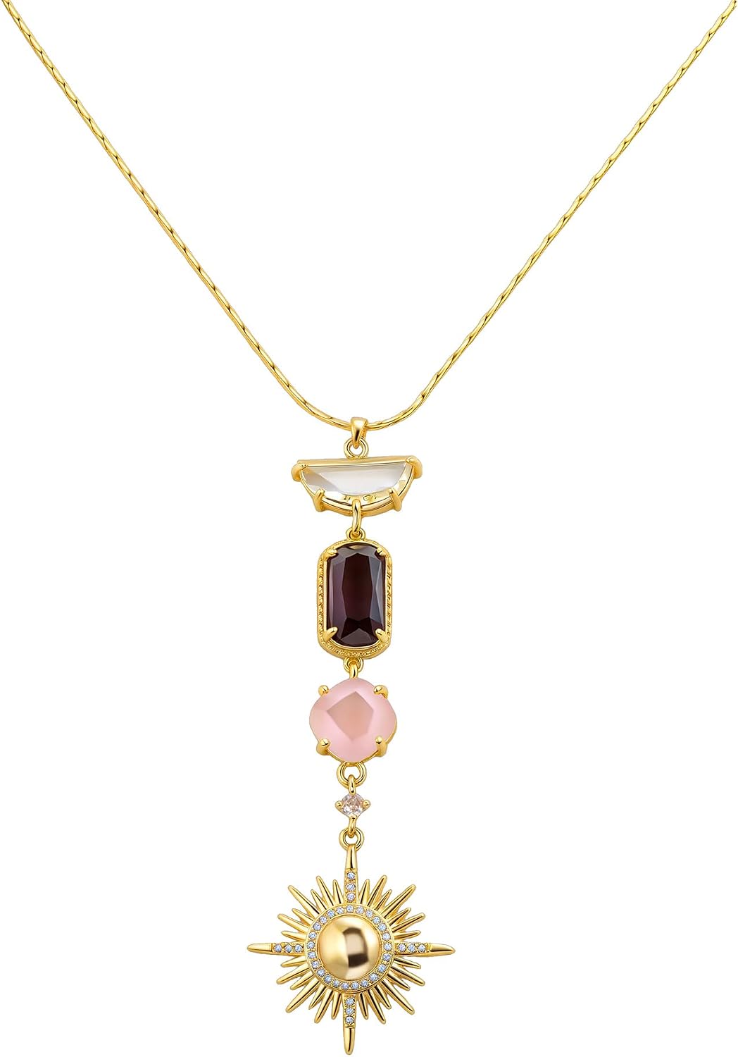 Sun Necklace for Women 14K Gold Plated Celestial Sunburst Pendant with Multi-stone Amethyst Rose Quartz Style Crystals Boho Statement Jewelry Dopamine Summer Beach Necklace