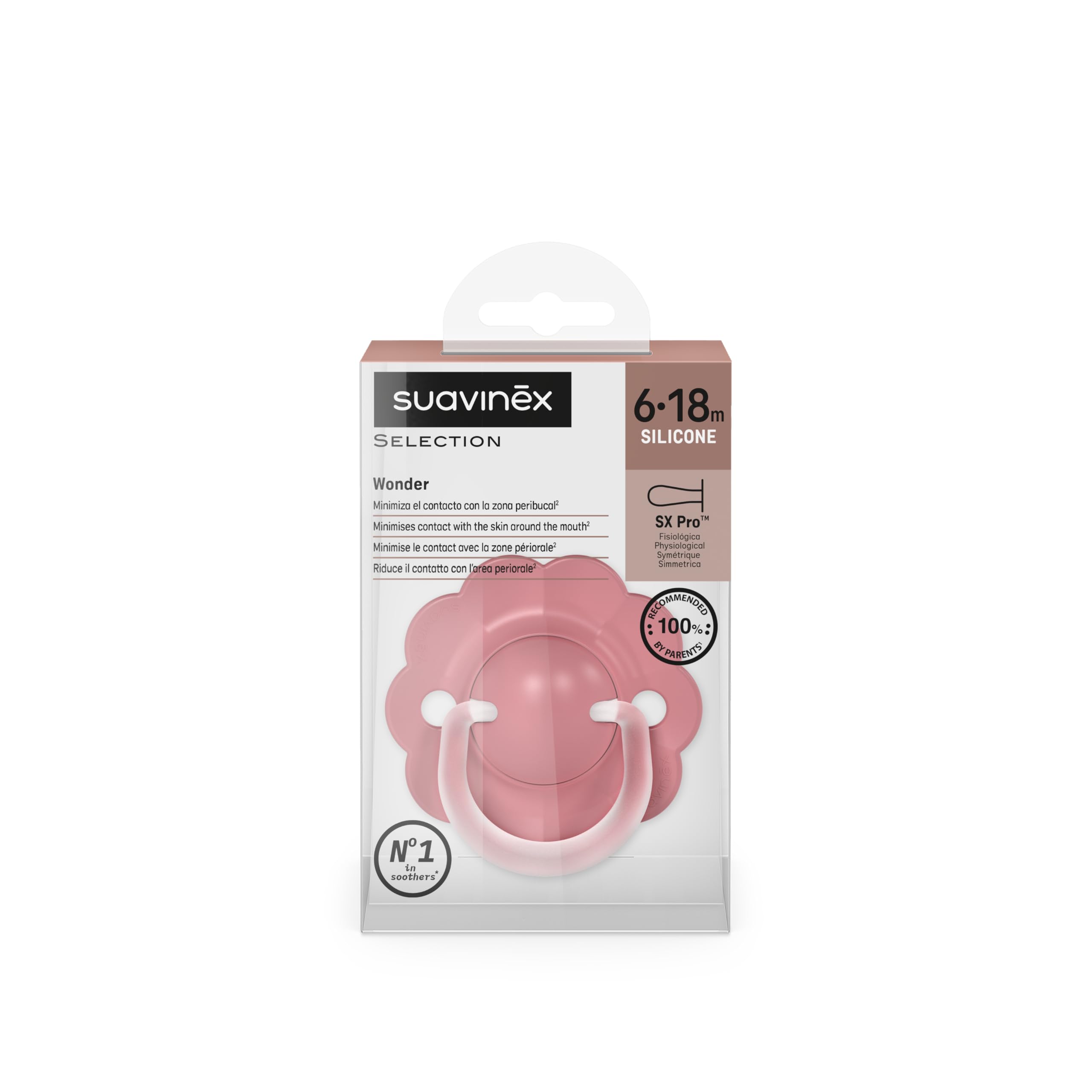 Suavinex, Chupete Bebés 6/18 Meses, con Tetina Fisiológica de Silicona SX Pro, Simétrica, Plana y Flexible, Respeta el Desarrollo Bucodental, con Anilla, Forma que Evita Rozaduras, Wonder Rosa Liso — view 4