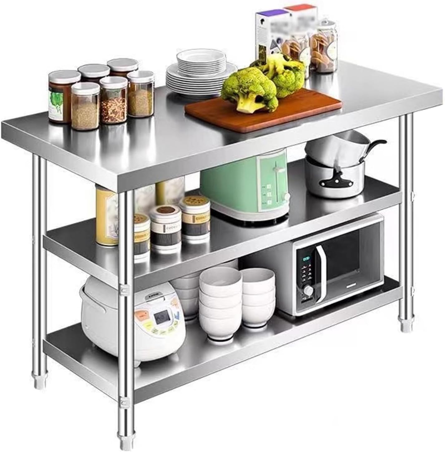 Two-tier Kitchen Prep Table Commercial Chopping Board Storage Shelf Thickened Sturdy Stainless Steel Work Table Factory Packing Table Metal Table with Solid Structure