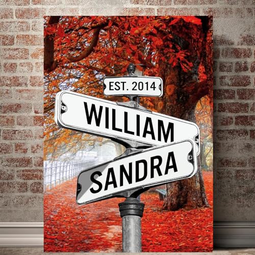 Custom Name Crossroad Street Sign Canvas for Couples, Personalized Vintage Wall Art with Date, Valentine Gift for Him Her, Romantic Home Decor Poster, Husband Christmas Gifts From Wife, Couple Gift