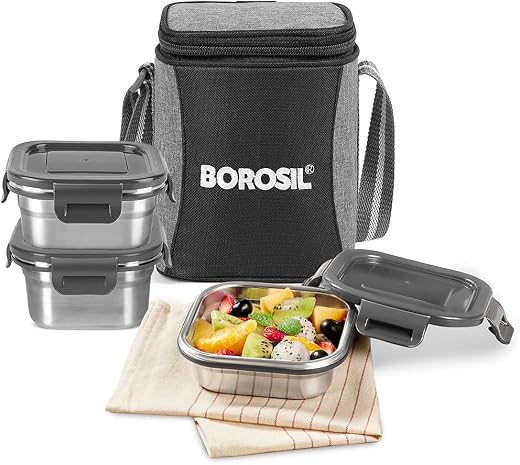 Borosil Feast Stainless Steel Lunch Box with Bag | Set of 3 (520 ml x 1 + 400 ml x 1 + 250 ml x 1), Square | Tiffin Box fo...