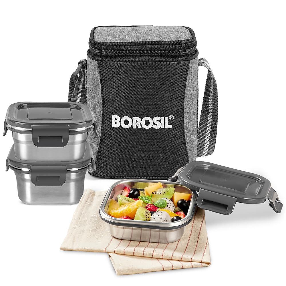Borosil Feast Stainless Steel Lunch Box with Bag | Set of 3 (520 ml x 1 + 400 ml x 1 + 250 ml x 1), Square | Tiffin Box for Office, School & College (B0CYBFZ4Z2) Amazon Price History, Amazon Price Tracker