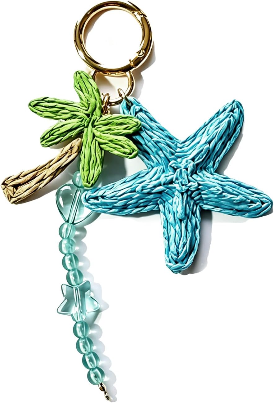 Beach Bag Charm for Tote Bag Handbag Rattan Starfish Coconut Tree Keychain Summer Beach Jewelry Accessories