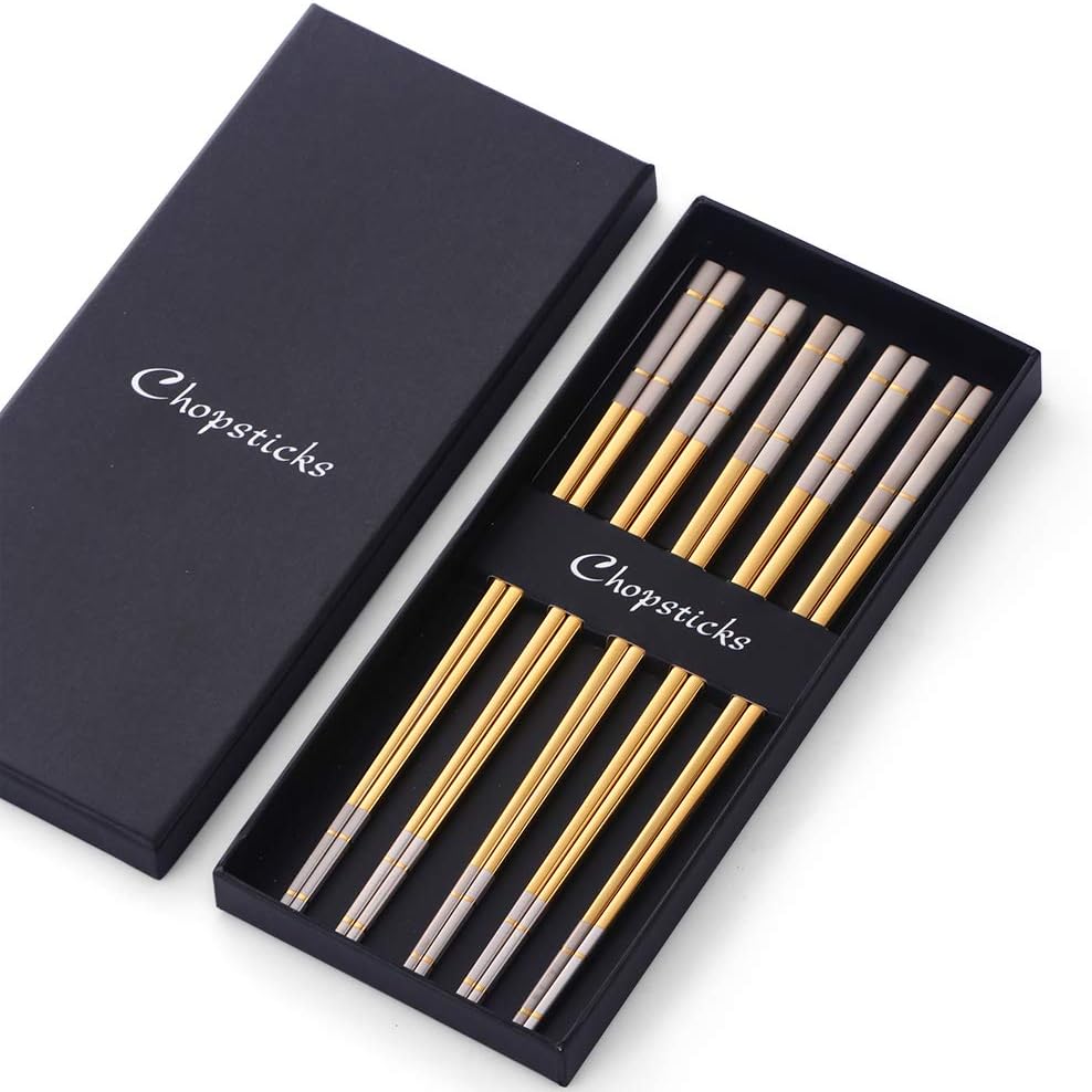 Bisda Reusable Metal Chopsticks Set 5 works Gold Japanese Chopsticks for Korean Sushi Chopsticks 23.5 cm Stainless Steel Chinese Chopstick with Gift Box for Christmas Birthday Party Dishwasher Safe
